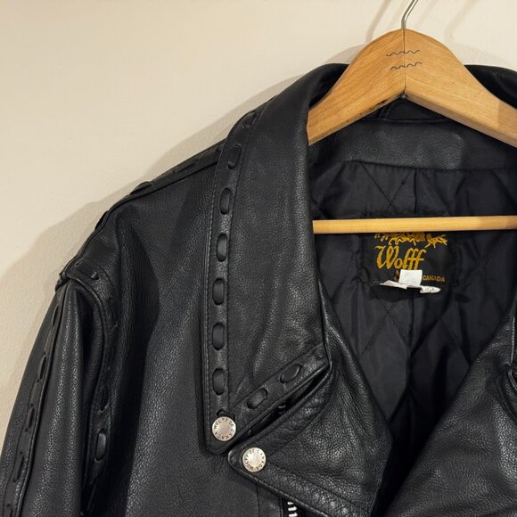 Vintage 1980s Wolff of Canada Motorcycle Biker Laced Leather Jacket Sz 48 Large - Picture 3 of 12